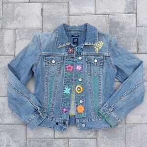 GAP Kids Blue Denim Jacket with Floral Embroidery